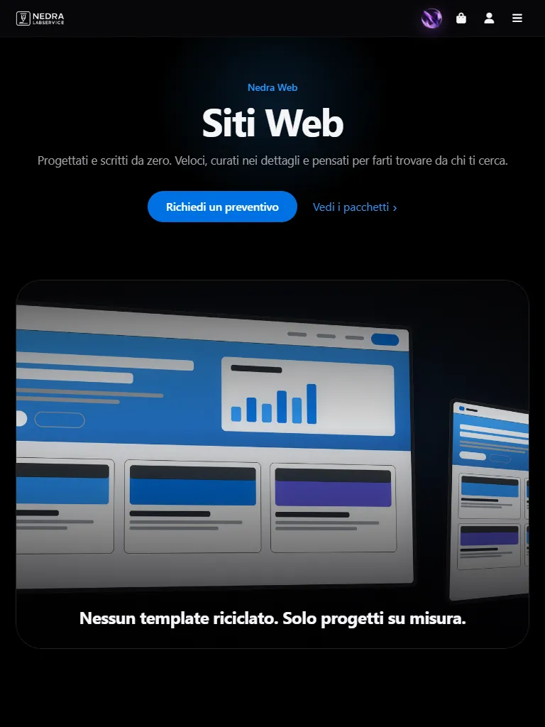 La stessa pagina su tablet, 768 px